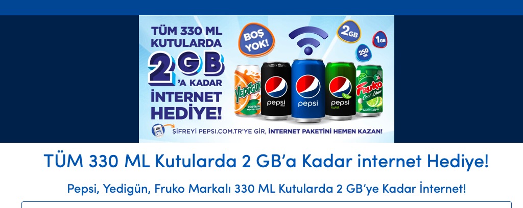 pepsi kapak kodu ile bedava 250 mb 1 gb 2 gb internet firsati